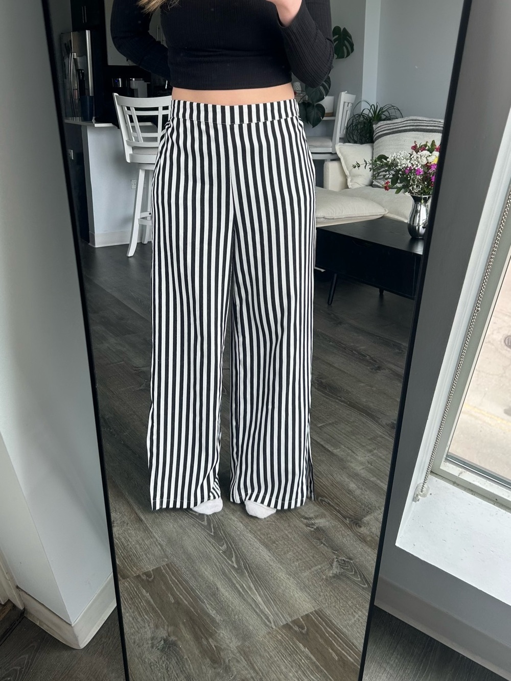 Black & White Striped Wide-Leg Pants